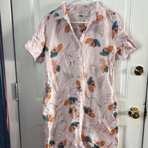 Rachel Zoe Pink Floral Linen Button-Up Dress with Teal & Burnt Orange Accents